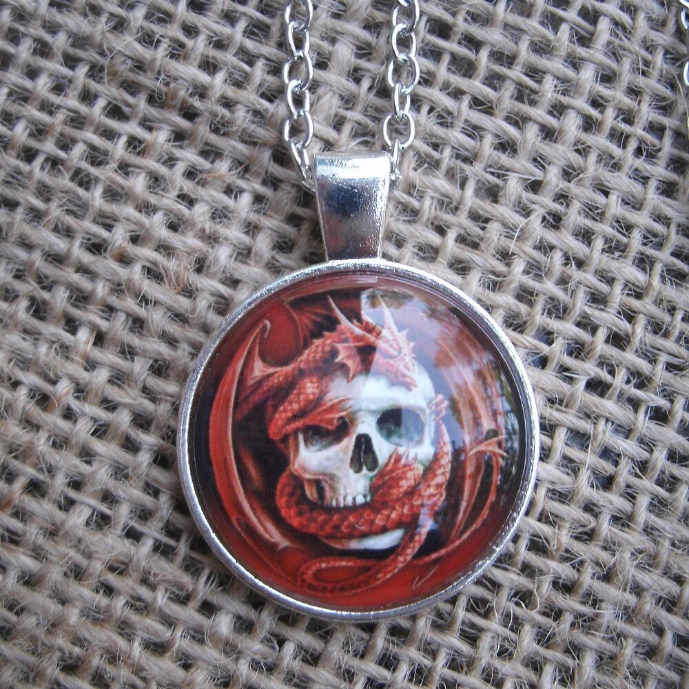 Red Dragon with Skull Glass Cabochon Pendant Necklace